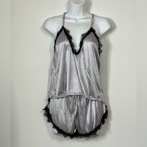 Gray silver sexy Lingerie size M shorts top lace set babydoll satin pajamas new